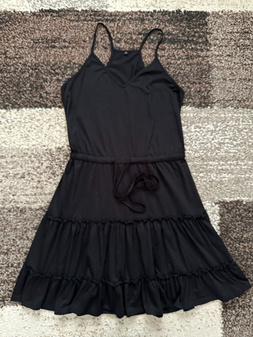 NEWSHOWS (L) Black Ruffle Sun Dress A-Line Sundress Drawstring Strappy